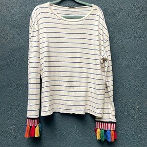 Zara striped sweater with colorful fringed sleeves